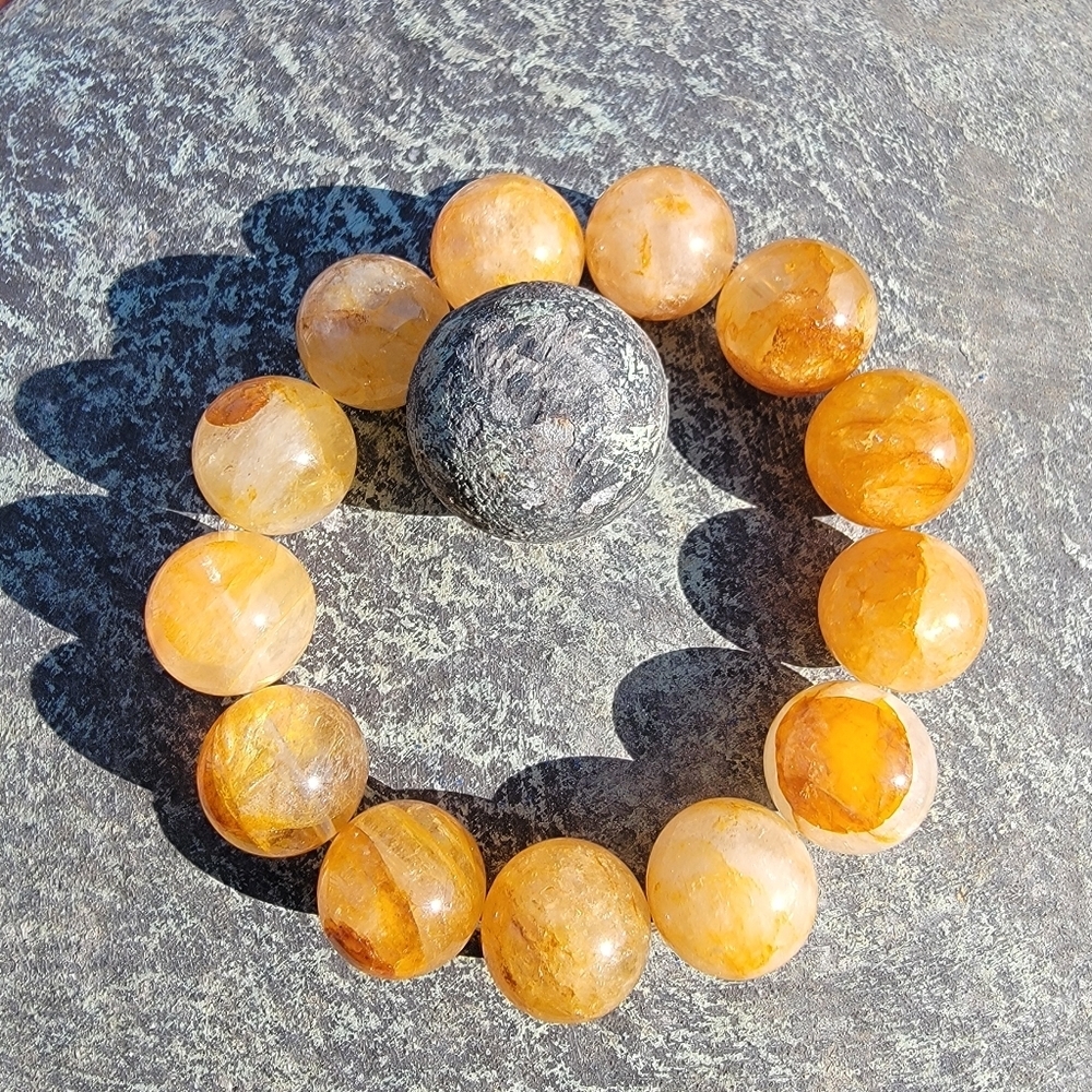 16.5mm Natural Yellow Phantom Ghost Garden Crystal Gemstone Round Bead Bracelet - Picture 4 of 9